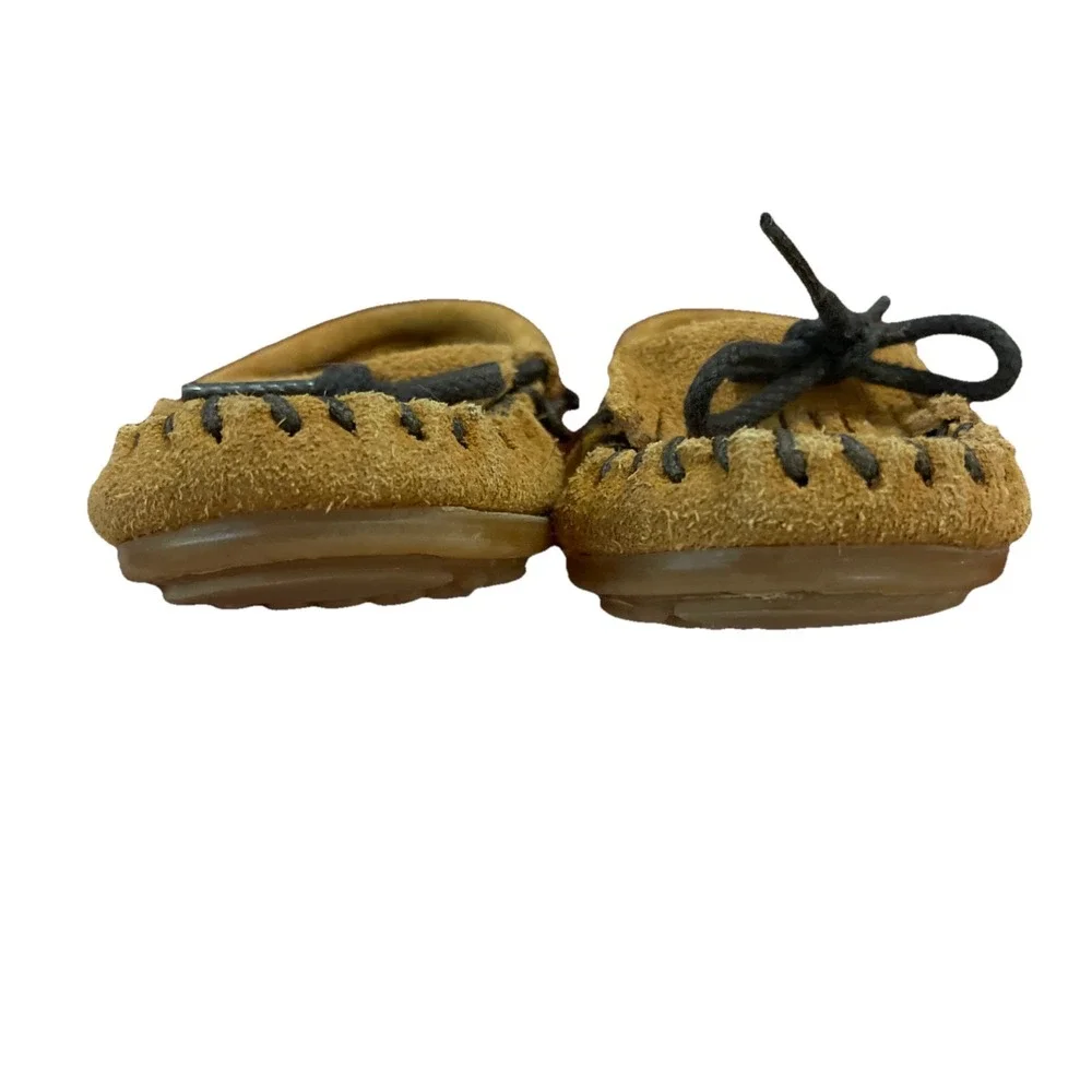 Minnetonka Thunderbird Moc Suede Moccasins Kids Sz 7 Beaded Brown Slip‎ On Shoes